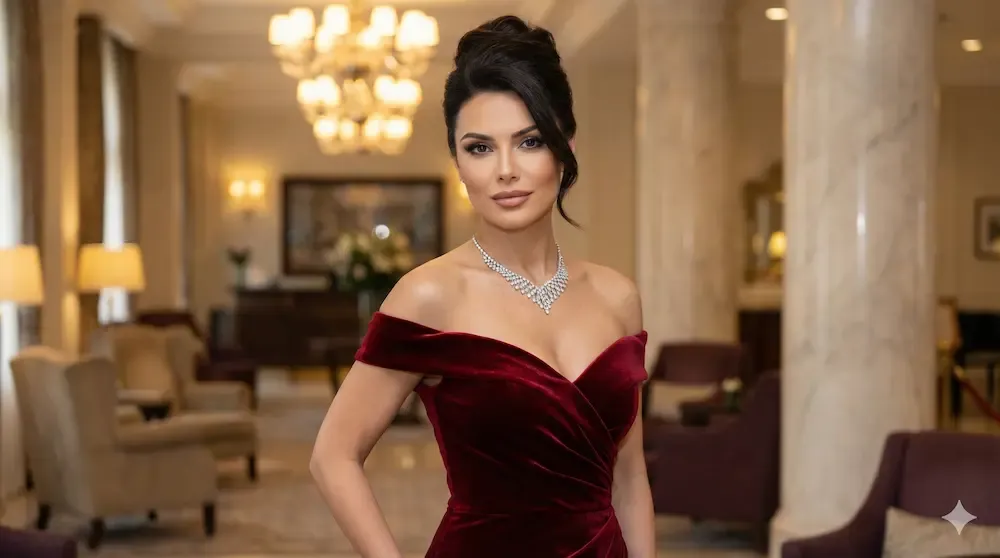 Classy red off-the-shoulder evening dress for Valentine's Day party
