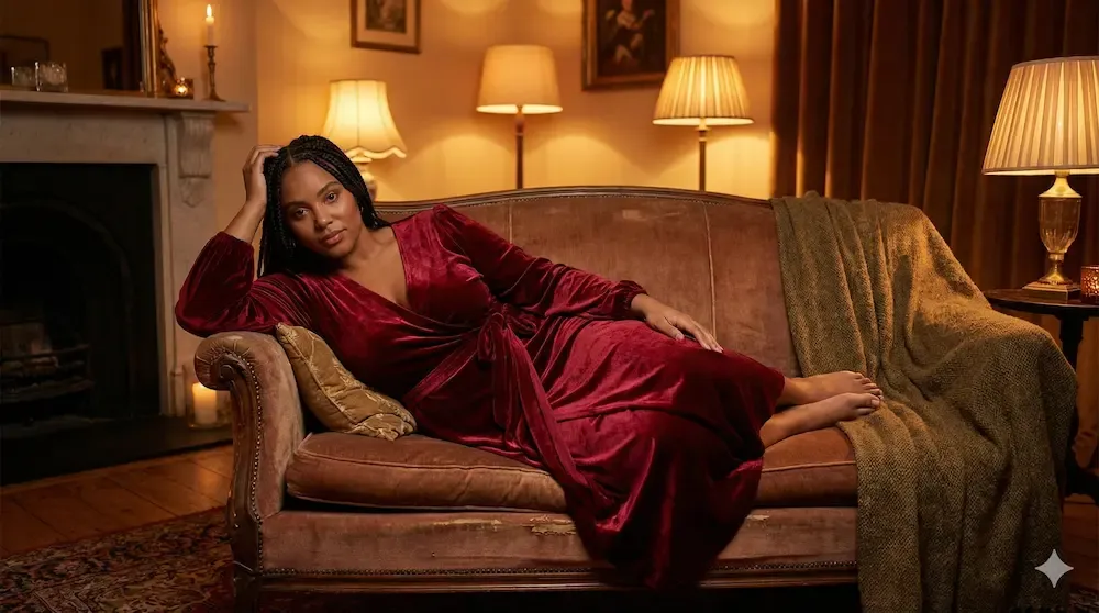 Luxurious red velvet wrap dress for a warm and romantic Valentine's outfit