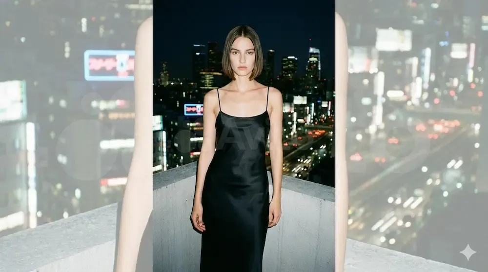 Minimalist black satin slip dress for a sleek Valentine's dinner look