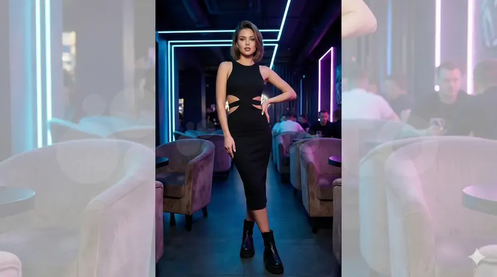Trendy black dress with waist cut-outs for a modern Valentine's look