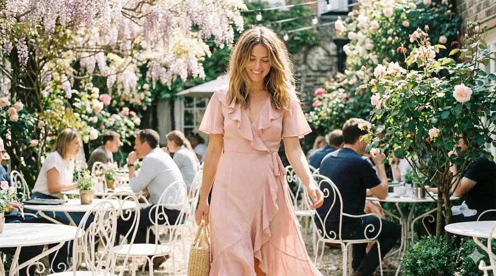 Feminine blush pink wrap dress perfect for Valentine's Day brunch
