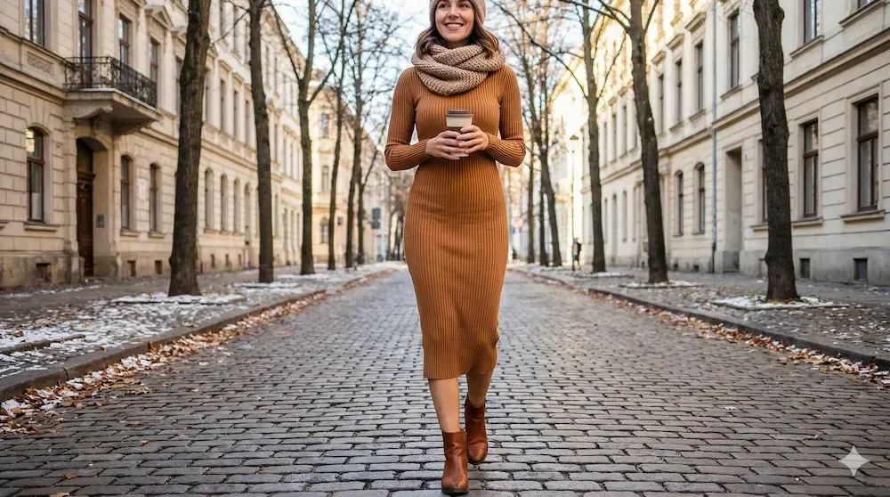 Casual long sleeve ribbed dress for a low-key Valentine's date