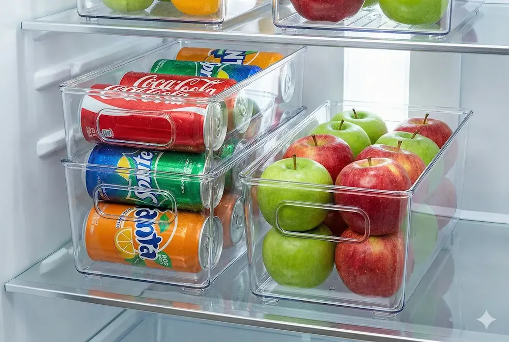 Clear acrylic fridge organizer bins holding fresh fruit and drinks.