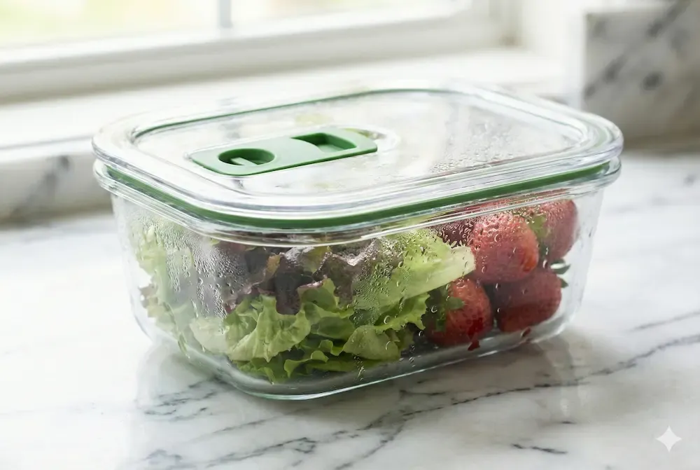 Vented produce keeper container keeping vegetables fresh and crisp.