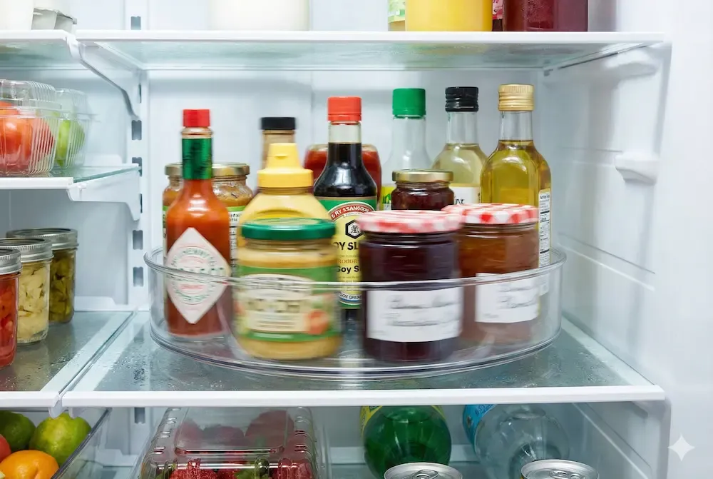 Lazy Susan turntable organizer for fridge condiments and jars.