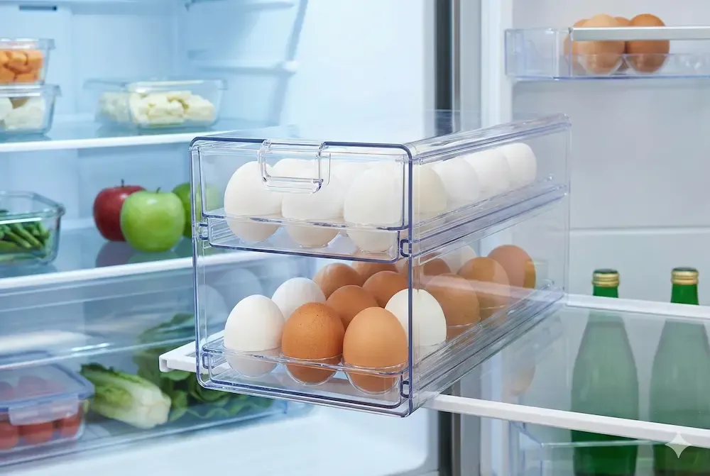 Durable auto-rolling egg drawer organizer for refrigerator safety.