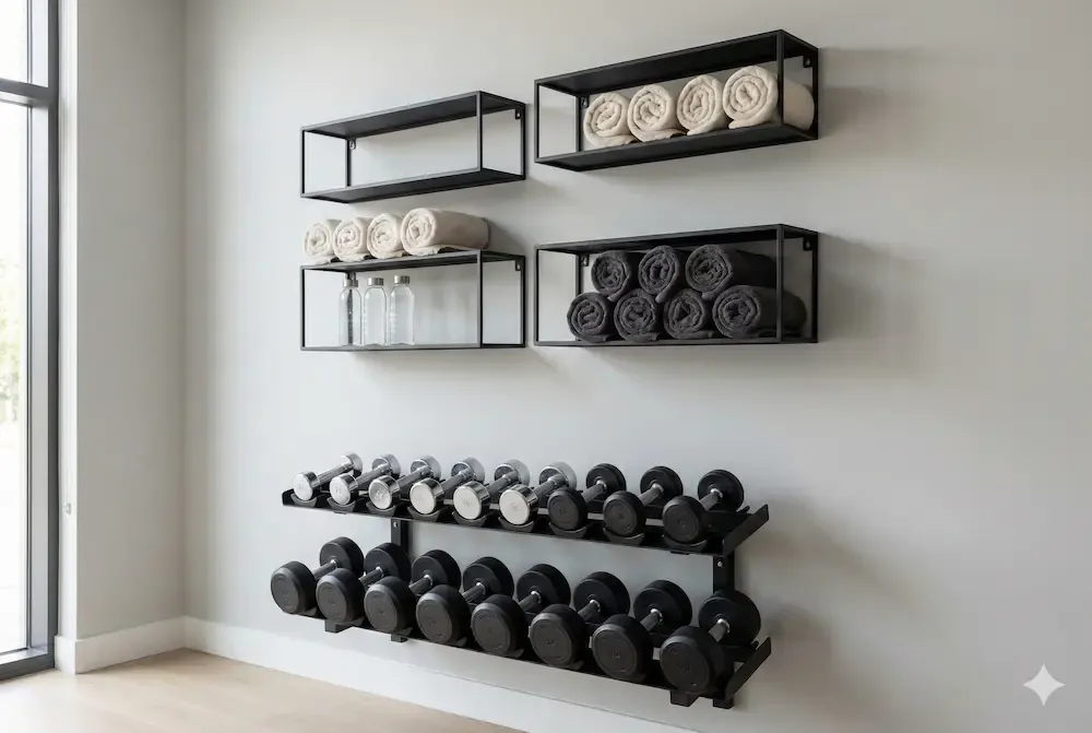 Smart vertical storage solution for small home gyms showing wall-mounted dumbbell racks and floating shelves with organized workout gear.