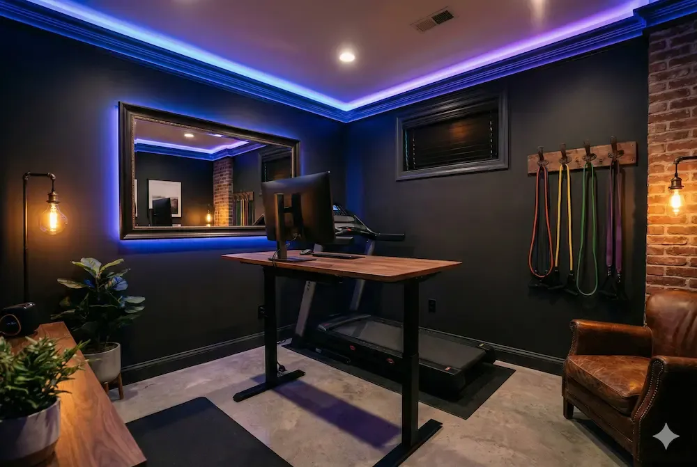 Basement home gym transformation using moody blue and purple LED strip lighting, featuring a compact foldable treadmill and industrial decor.