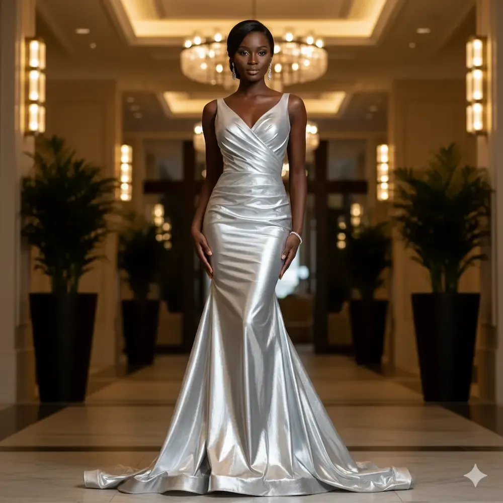 Form-fitting silver mermaid prom dress with a dramatic flared skirt, featuring liquid metallic fabric for a modern Prom 2026 look.