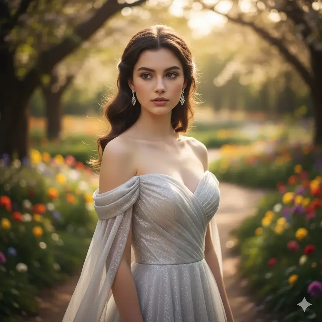Romantic off-the-shoulder silver prom gown featuring a sweetheart neckline, perfect for an elegant and feminine Prom 2026 look.