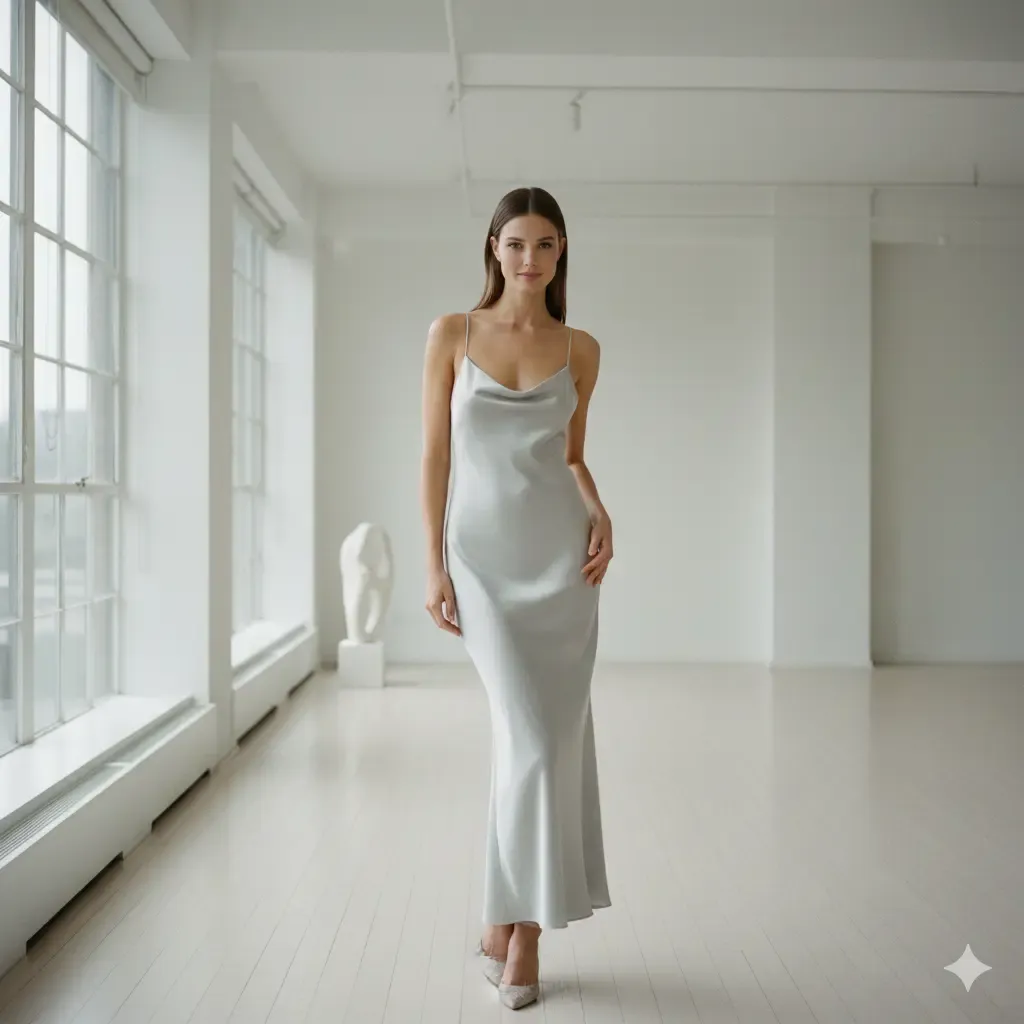 Minimalist liquid silver satin slip dress with spaghetti straps, capturing the trending 90s aesthetic for Prom 2026.
