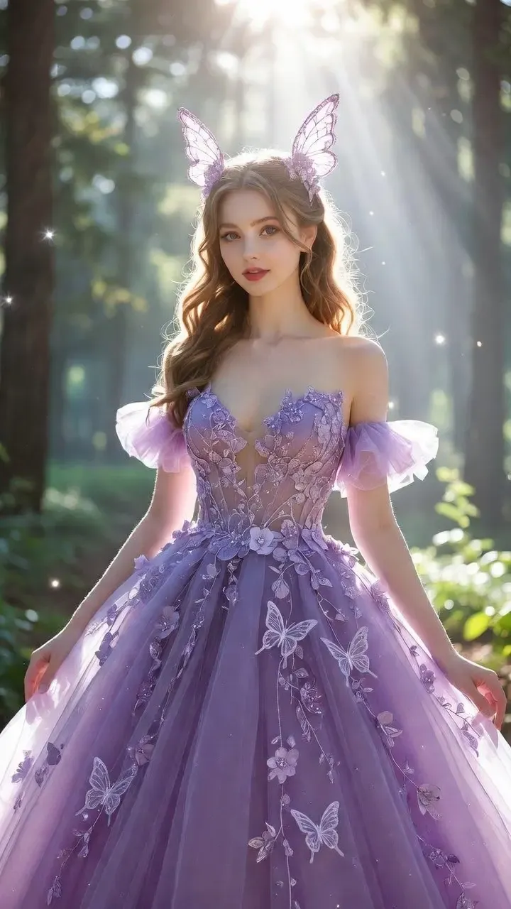 Lavender tulle prom dress with 3D flowers and butterfly details, perfect for a fairycore aesthetic Prom 2026.