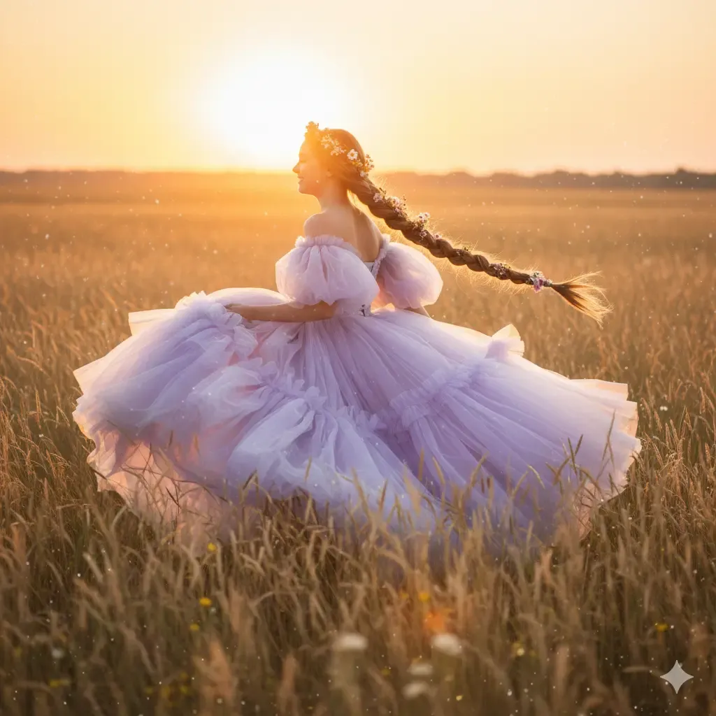 Fairytale-inspired lavender tulle prom dress with puffy sleeves, creating a Rapunzel-like look for Prom 2026.