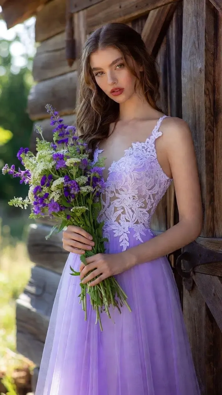Bohemian style lavender lace and chiffon prom dress, perfect for a rustic or cottagecore themed prom.