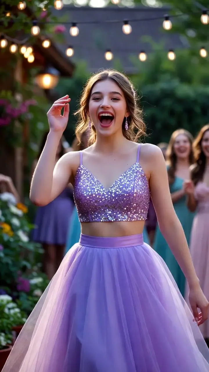 Trendy two-piece lilac prom dress set with a crop top and skirt, a fun and youthful choice for Prom 2026.