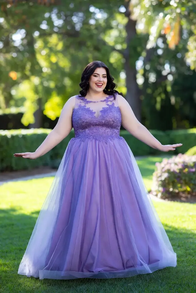 Flattering plus-size lavender prom dress with an A-line silhouette, celebrating curves and elegance for Prom 2026.