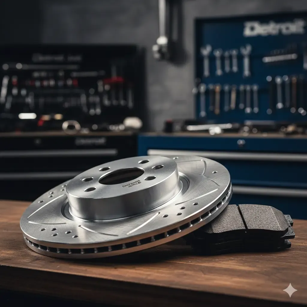 "Detroit Axle drilled and slotted brake rotors with ceramic pads kit for upgrading braking performance on Chevy Silverado and GMC Sierra trucks."