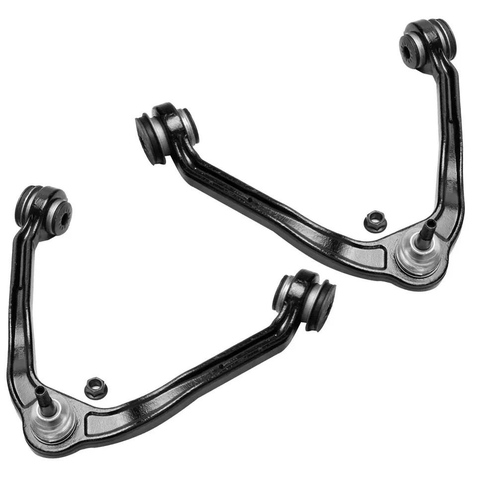 "A comparison showing a worn-out old part next to a new, pre-assembled Detroit Axle Upper Control Arm ready to install on Chevy Silverado or GMC Sierra to fix suspension clunking noise."