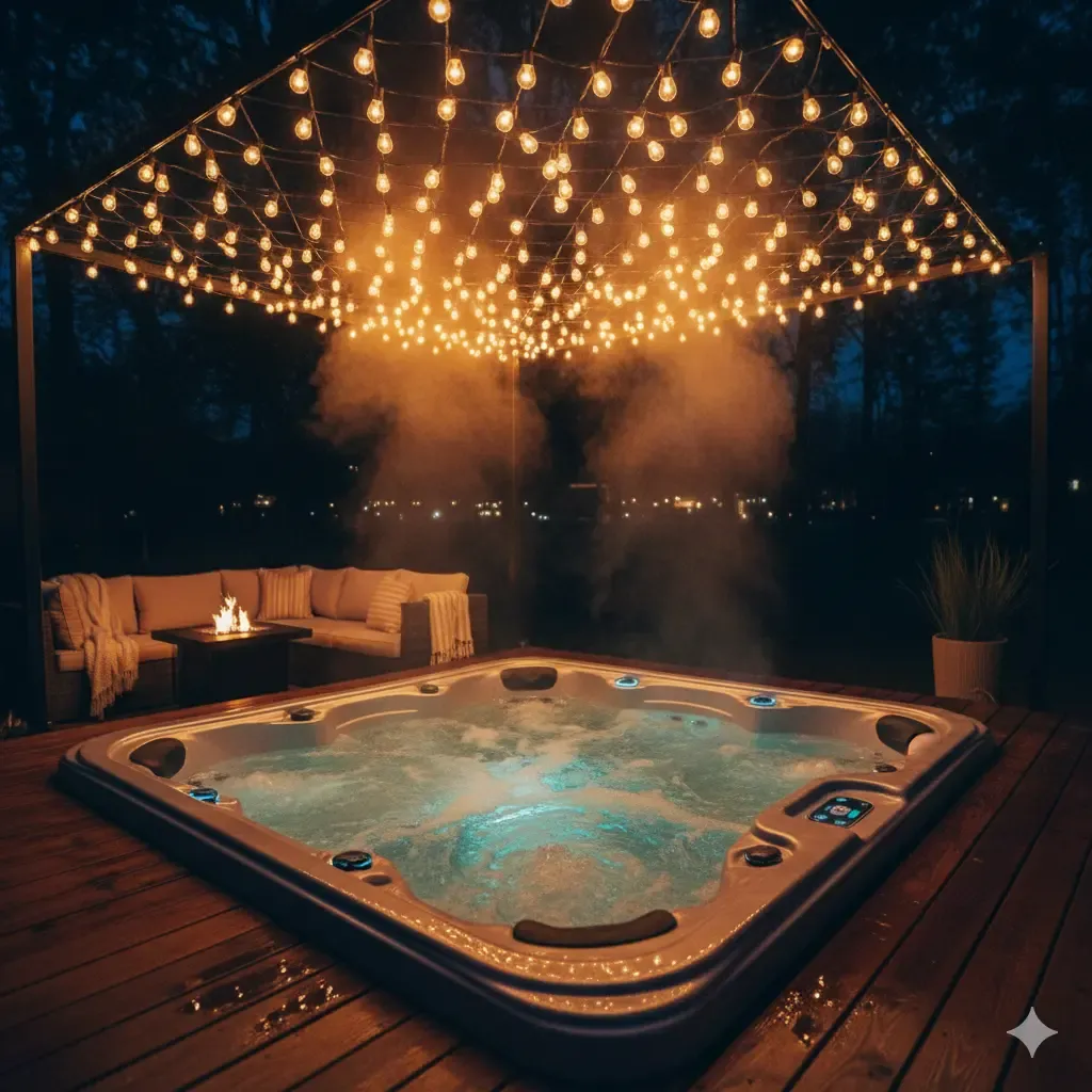 A magical nighttime ambiance for an outdoor jacuzzi under a canopy of string lights emitting a warm glow. The rising steam creates a romantic atmosphere. A Jacuzzi extérieur lighting concept.