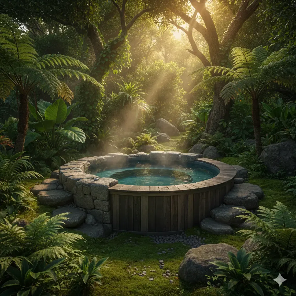 An outdoor jacuzzi crafted from natural stone and wood, seamlessly integrated into a lush garden filled with tropical plants and rocks, offering a tranquil (Zen) atmosphere and complete privacy. Jacuzzi nature escape design.