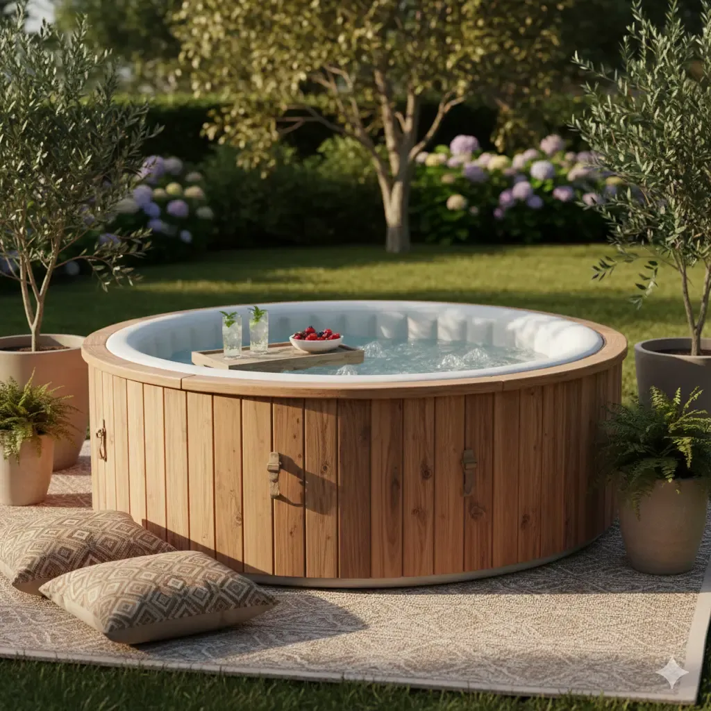 This inflatable jacuzzi is styled with a touch of luxury, featuring a simple wooden frame and comfortable outdoor cushions, giving it the look and feel of a stationary jacuzzi. A fantastic and economical idea for your backyard (Inflatable Jacuzzi).