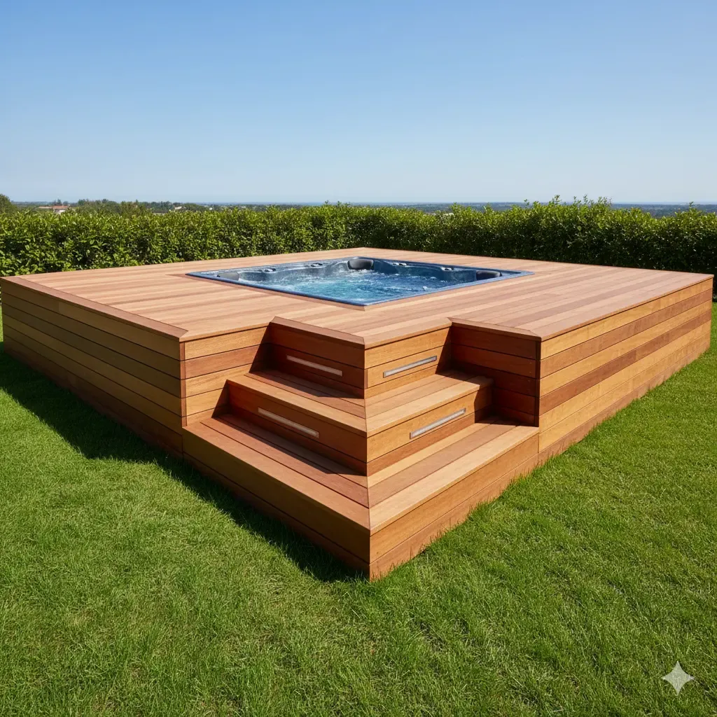 An outdoor jacuzzi integrated into a raised, elegant wooden deck. The beautiful contrast between the warm wood tones and the blue water of the jacuzzi is striking. A classic and tidy garden design.