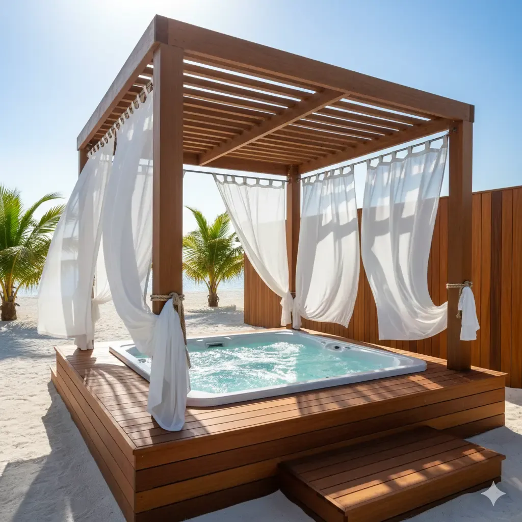 An outdoor jacuzzi enclosed by a wooden pergola with sheer white curtains for complete privacy. The design evokes a luxurious resort style.