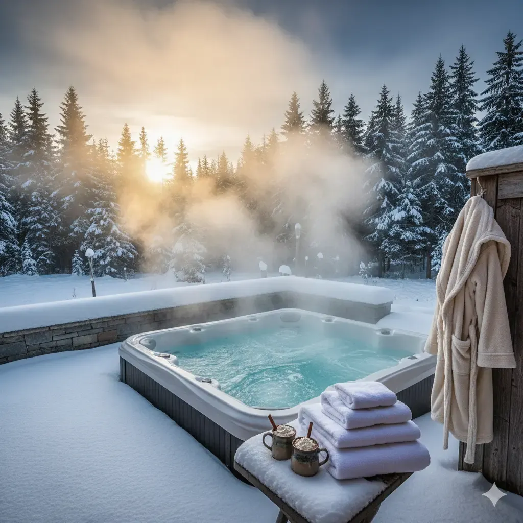 A cozy winter scene of an outdoor jacuzzi with steam rising from it, while the surroundings are covered in snow and frost. The jacuzzi appears as a warm haven for relaxation in winter (winter hot tub).