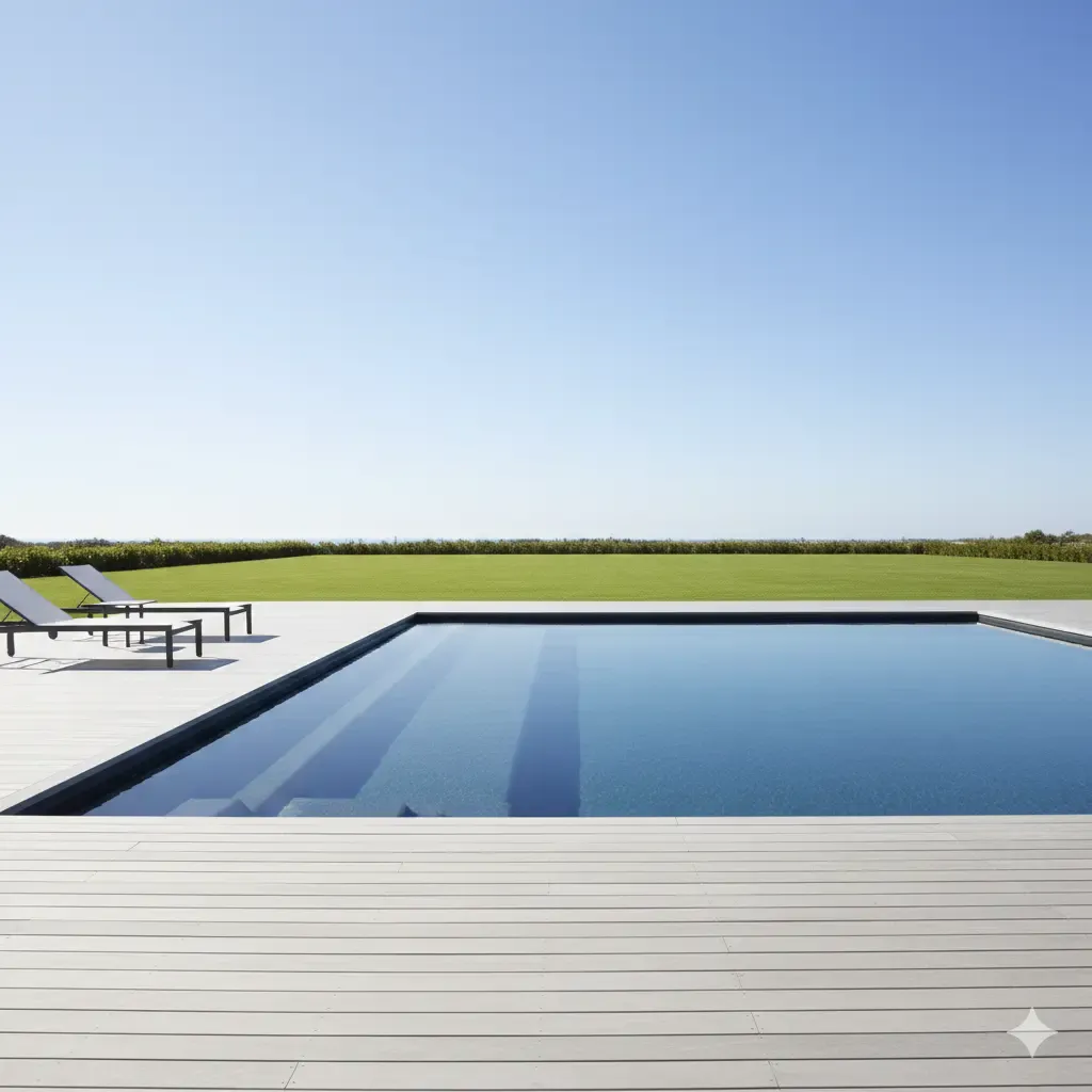 A modern design for an in-ground jacuzzi seamlessly integrated with the wooden floor level, giving the garden a spacious and unobstructed appearance. The epitome of architectural elegance (Sunken Jacuzzi).