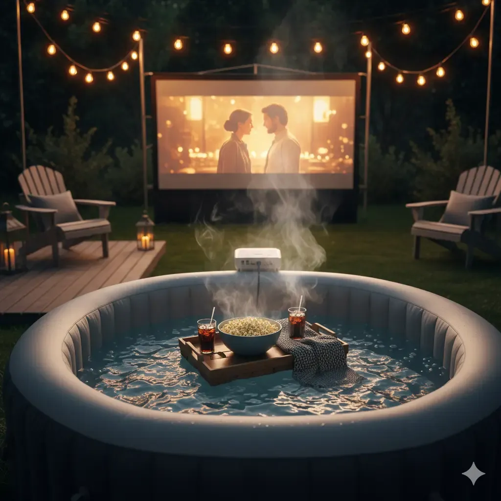 A fantastic entertainment idea combining a jacuzzi and a home cinema. A projector screen is placed in front of the jacuzzi so you can watch movies while relaxing in the water. (Outdoor cinema hot tub)