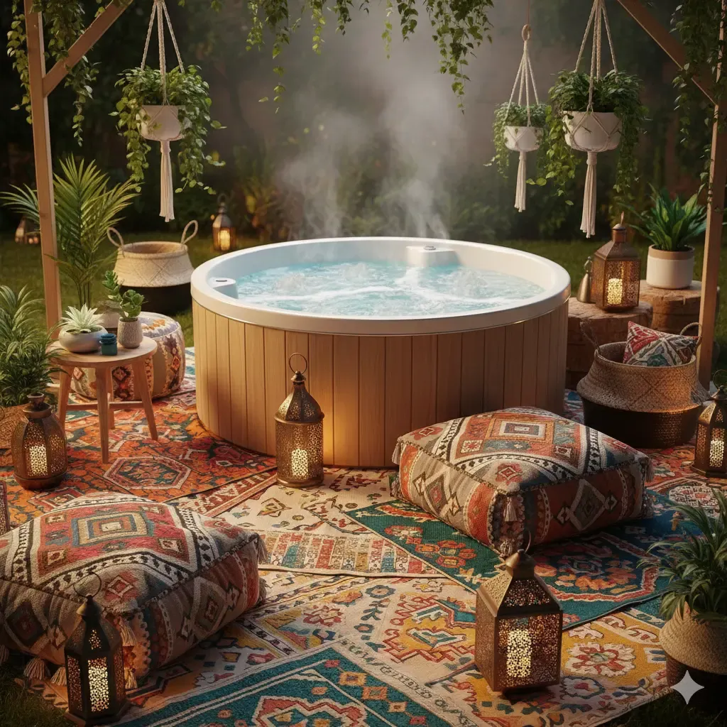 The boho-style decor around the outdoor jacuzzi features colorful rugs, patterned floor cushions, and Moroccan lanterns. A vibrant, colorful, and unconventional garden design.