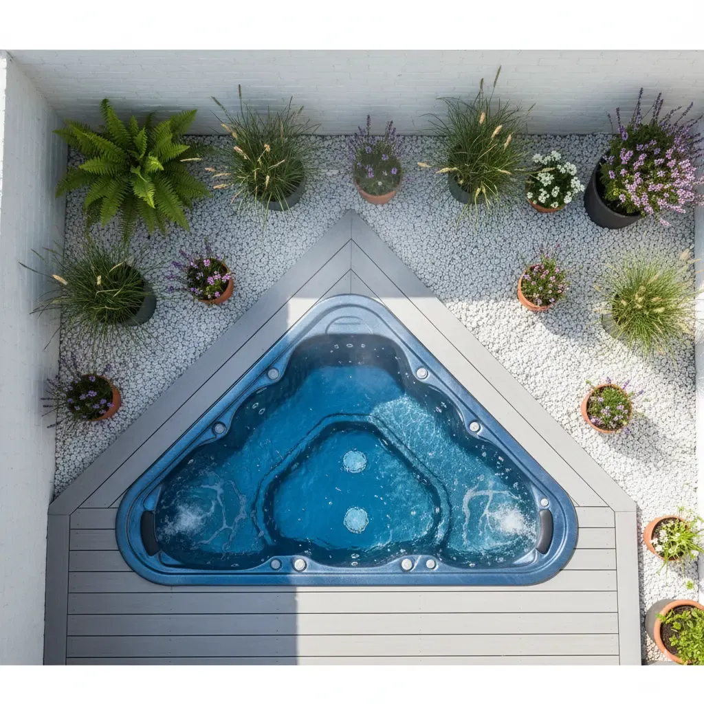 Smart corner hot tub design for small backyards. A compact jacuzzi placed diagonally in a garden corner to maximize space.