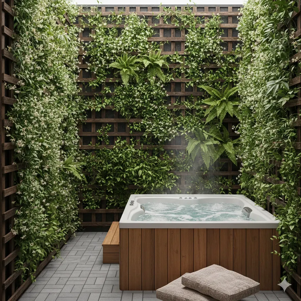 A clever idea for privacy in small gardens: a built-in jacuzzi behind a vertical garden wall and a wooden trellis covered with climbing plants to block the view.