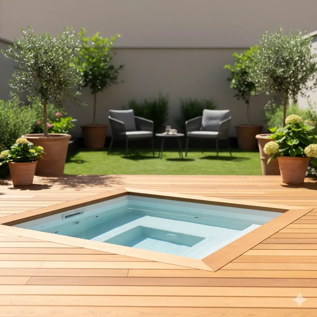 A semi-sunken jacuzzi is integrated into a wooden floor within a small garden. This design helps maintain an open visual path and makes narrow spaces appear larger (the sunken illusion).