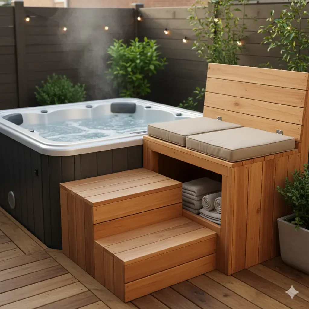 A clever space-saving idea: an outdoor jacuzzi surrounded by a wooden structure that serves as a seating area, a staircase for entry, and a hidden storage unit (Bench Disguise) in a small garden.