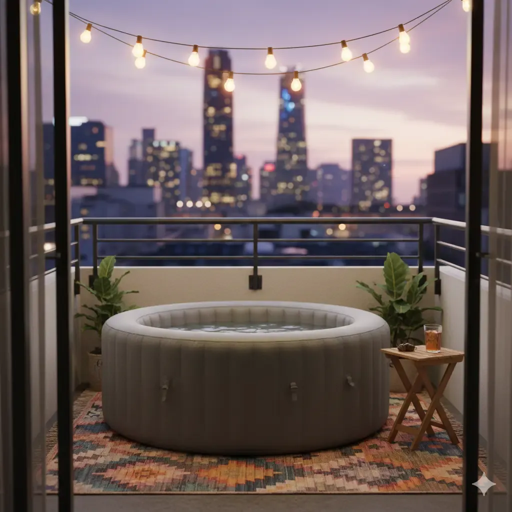 An inflatable hot tub placed on the balcony of a small apartment. An ideal and flexible solution for tight outdoor spaces where a permanent jacuzzi cannot be installed.