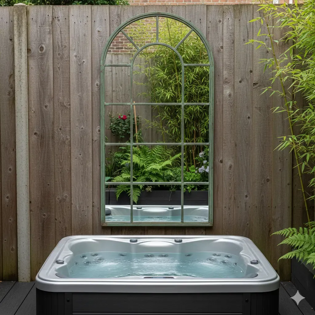 A clever optical illusion for small gardens: a large, weather-resistant garden mirror hung behind a built-in jacuzzi, reflecting green plants and creating a mirror illusion of spaciousness.
