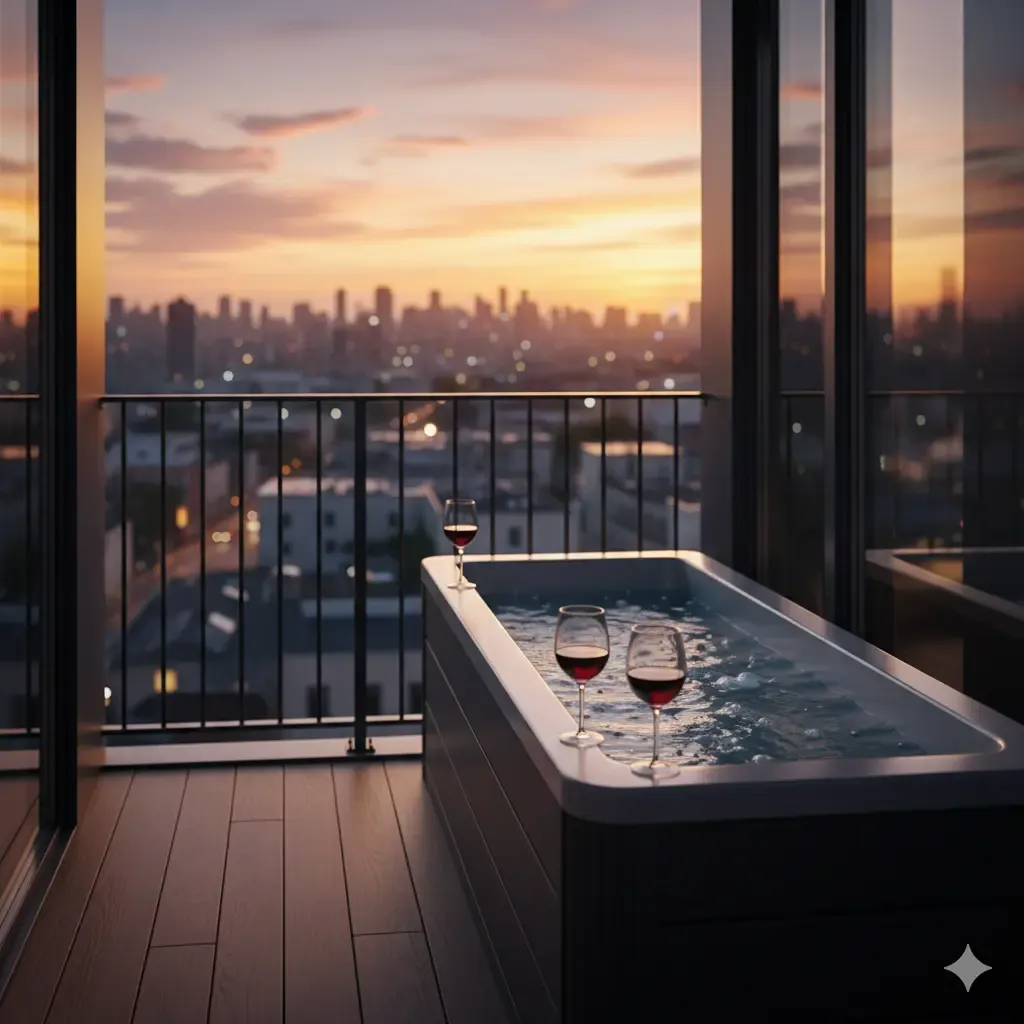 A small, narrow jacuzzi designed for just two people (2-person hot tub) placed on a small city balcony. An ideal solution for very limited spaces while maintaining a touch of luxury.