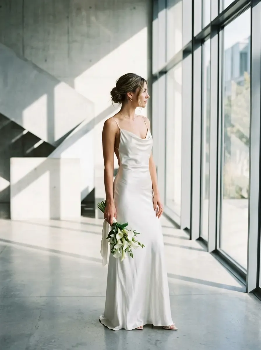 Modern minimalist satin slip wedding dress with cowl neck and open back, 2026 bridal fashion trend, elegant silk bridal gown for simple weddings