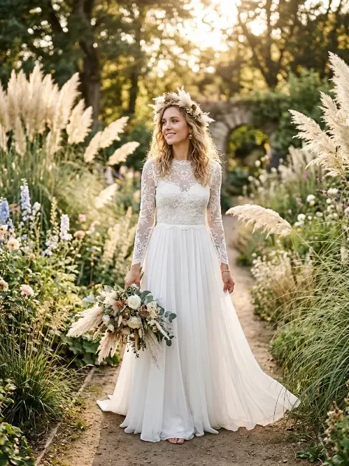 Bohemian lace wedding dress with long sleeves and chiffon skirt, boho chic bridal gown for outdoor garden wedding, vintage inspired lace bridal dress.