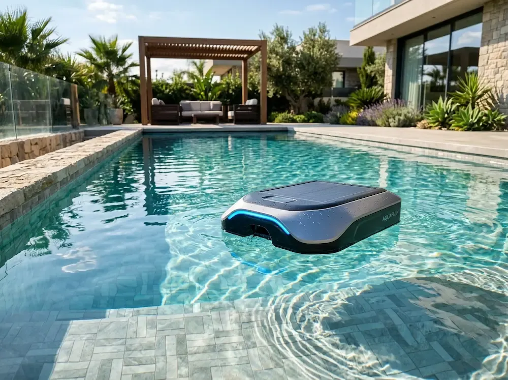 A futuristic solar-powered robotic pool skimmer cleaning an outdoor inground pool area, representing the top choice for smart pool accessories in 2026.