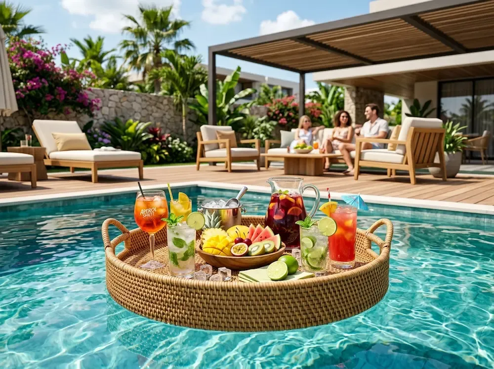Luxury floating pool bar tray and drinks cooler for a backyard pool party, featuring modern pool accessories and outdoor entertaining ideas for 2026.