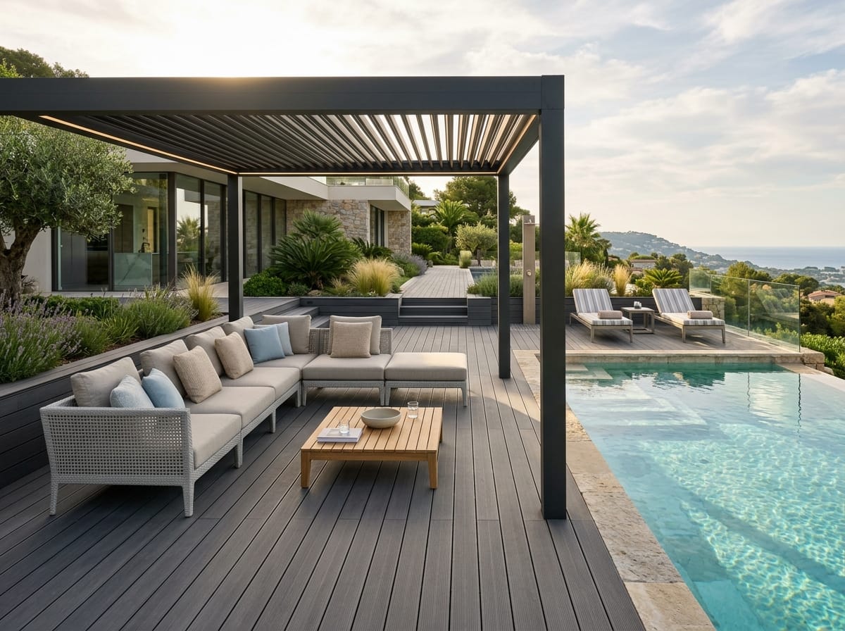 Modern modular pool furniture and advanced pool deck plans featuring composite wood decking and luxury outdoor seating for 2026.