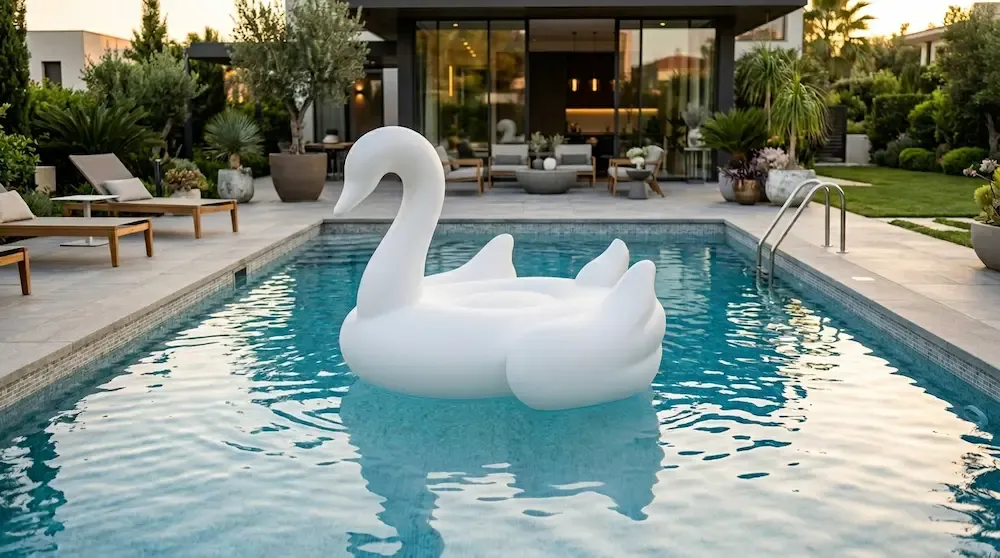 Oversized luxury white giant swan pool float drifting in a crystal clear swimming pool during golden hour.