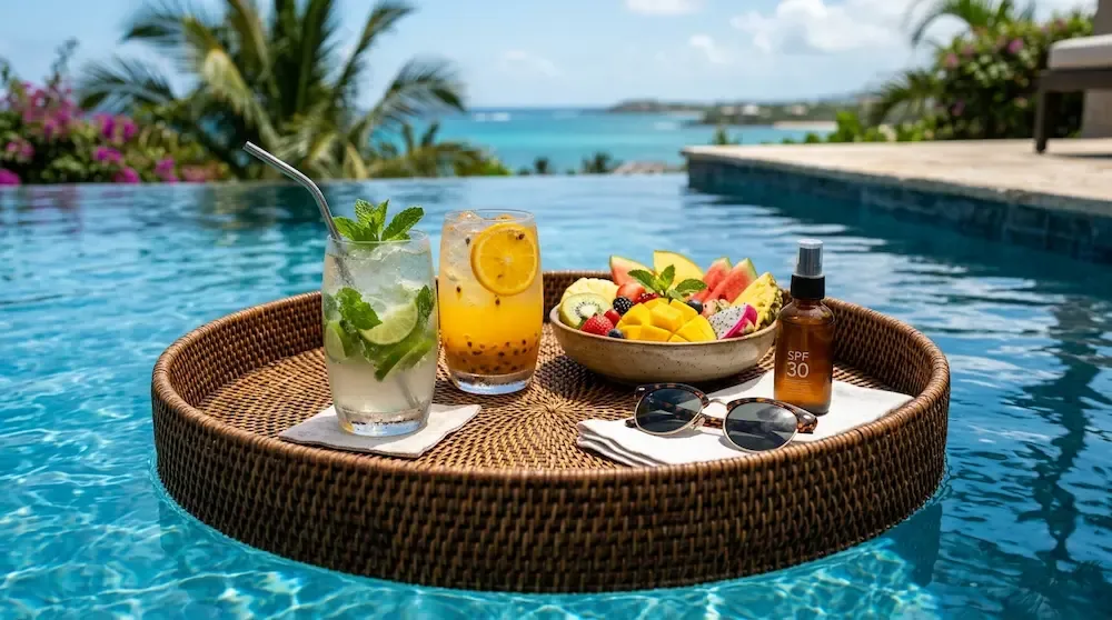 Woven rattan floating bar tray on blue pool water filled with summer cocktails and tropical fruits.