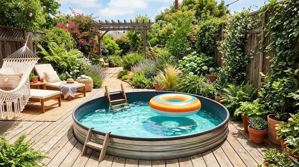 Circular stock tank pool with a premium heavy-duty liner and a retro pool float in a rustic garden.