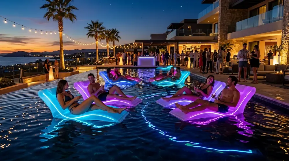 Translucent pool loungers with glowing neon LED lights casting colorful reflections on water at night.