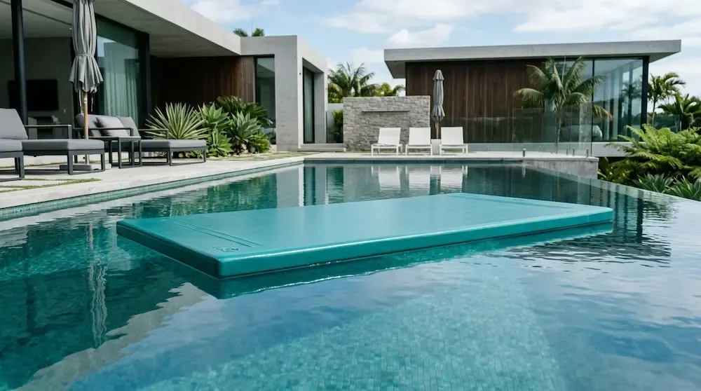 High-density unsinkable luxury foam pool floating mat in a teal color lying flat on the water surface.