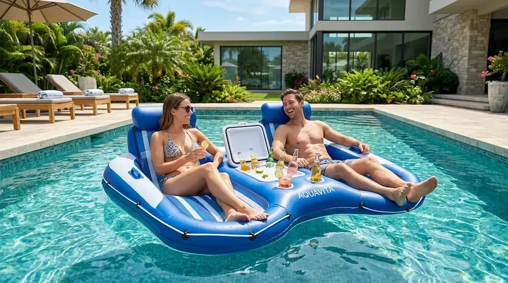 Luxury floating cabana lounge with comfortable backrests and built-in ice cooler for group lounging.