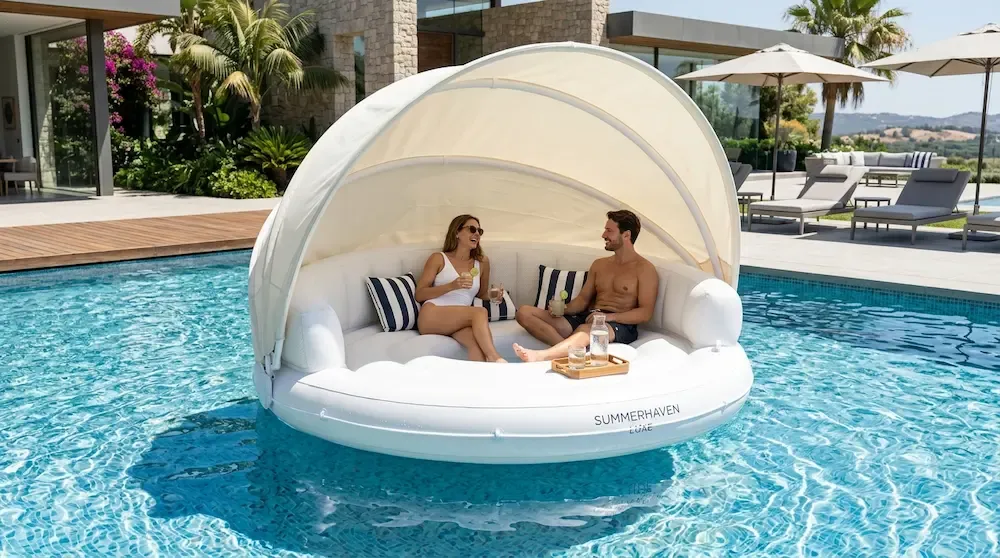 Large luxury canopy island pool float with an elegant fabric sunshade roof drifting in turquoise water.